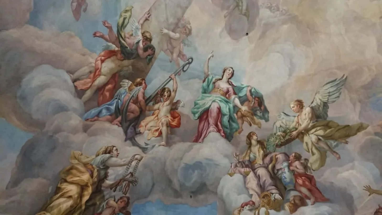 A Painting Of Angels And Saints In The Clouds