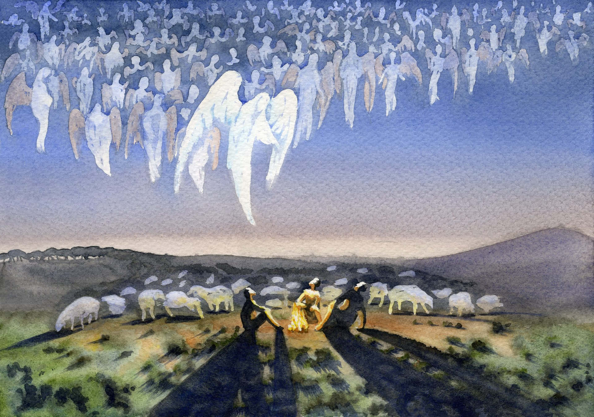 A Painting Of A Flock Of Sheep With Angels Flying Above Them