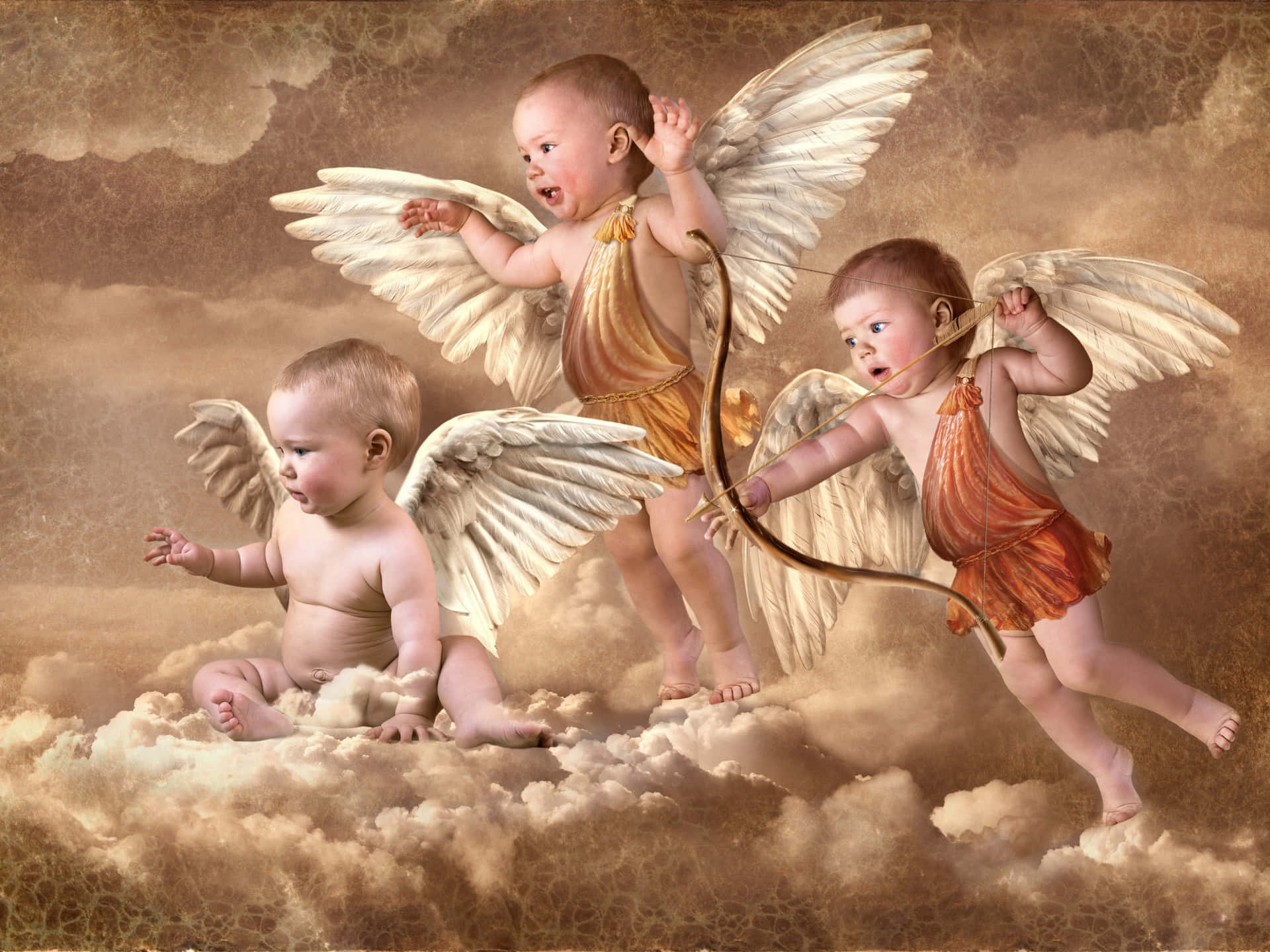 Cupid Angels Flying In The Clouds