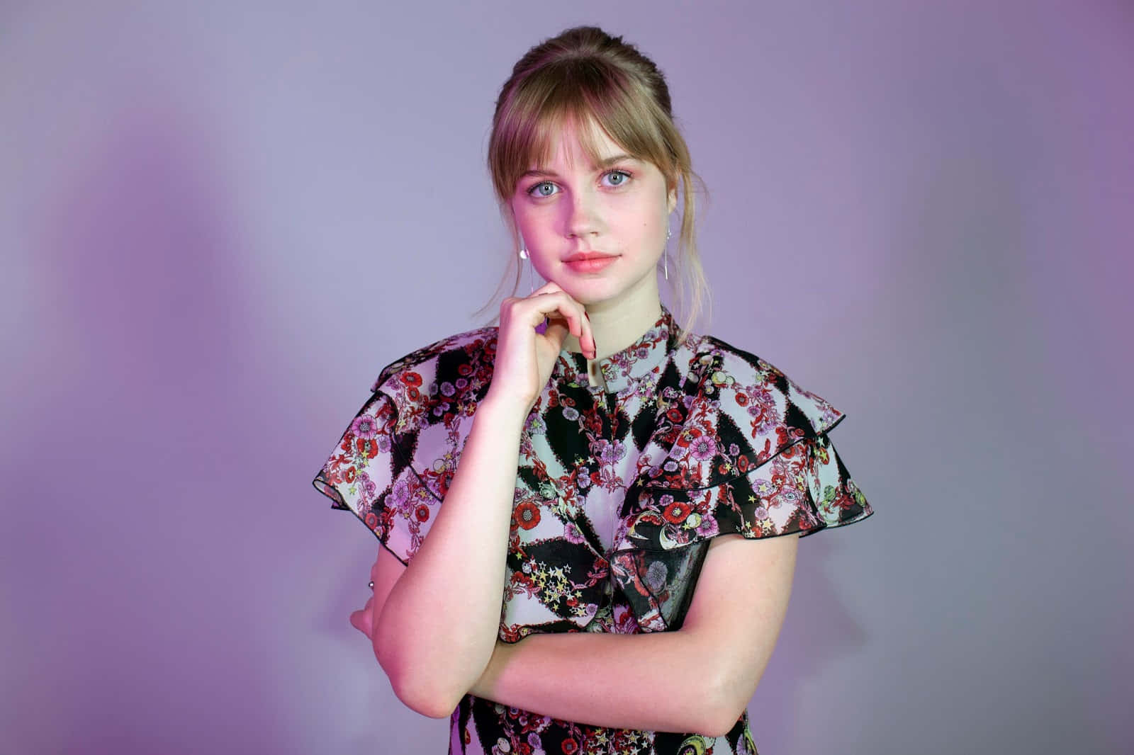 Angourie Rice Floral Dress Purple Backdrop Wallpaper