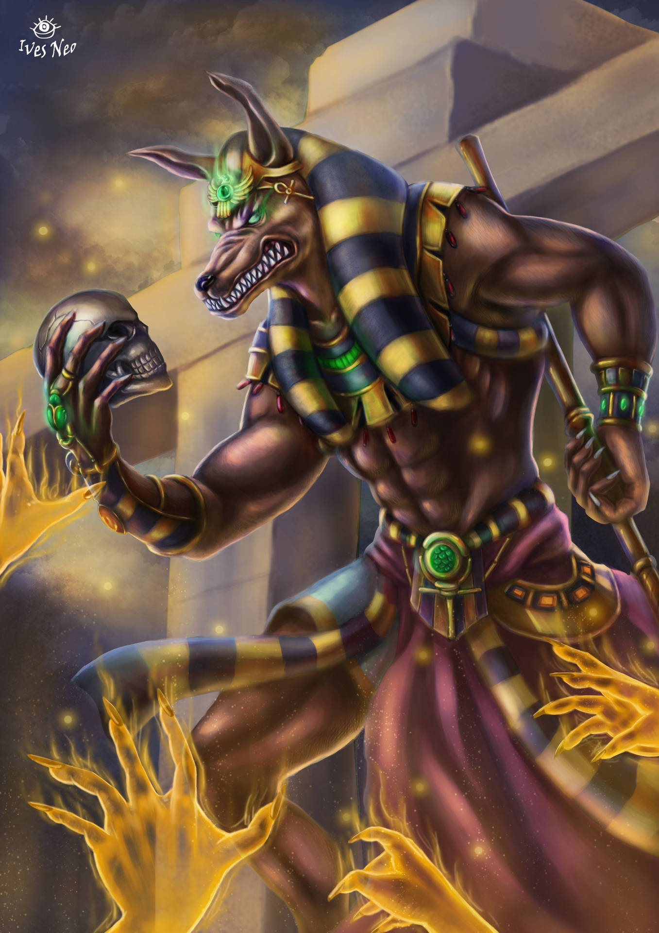 Angry 4K Anubis With Skull Wallpaper