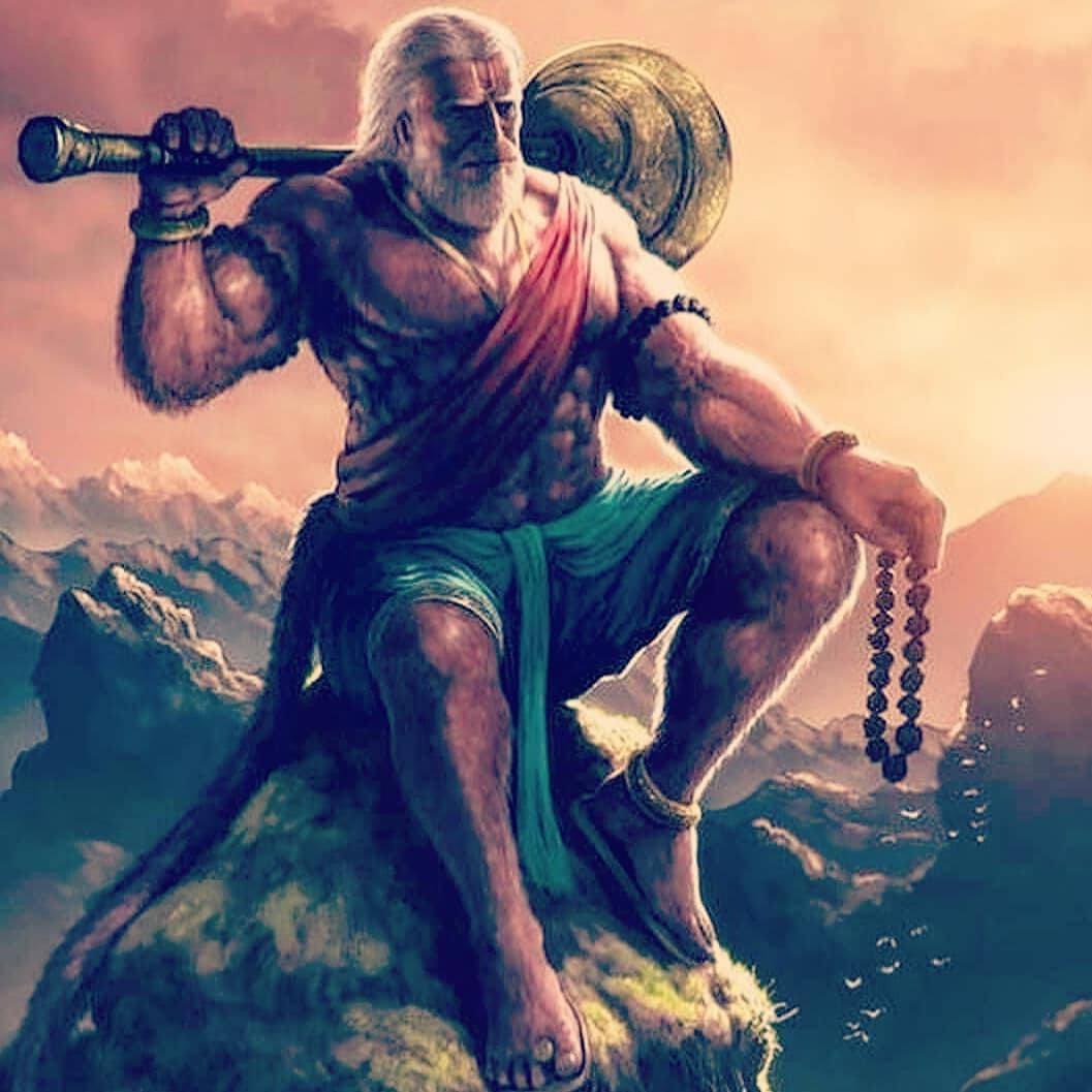 Vrede Hanuman siddende på en bjergscene. Wallpaper