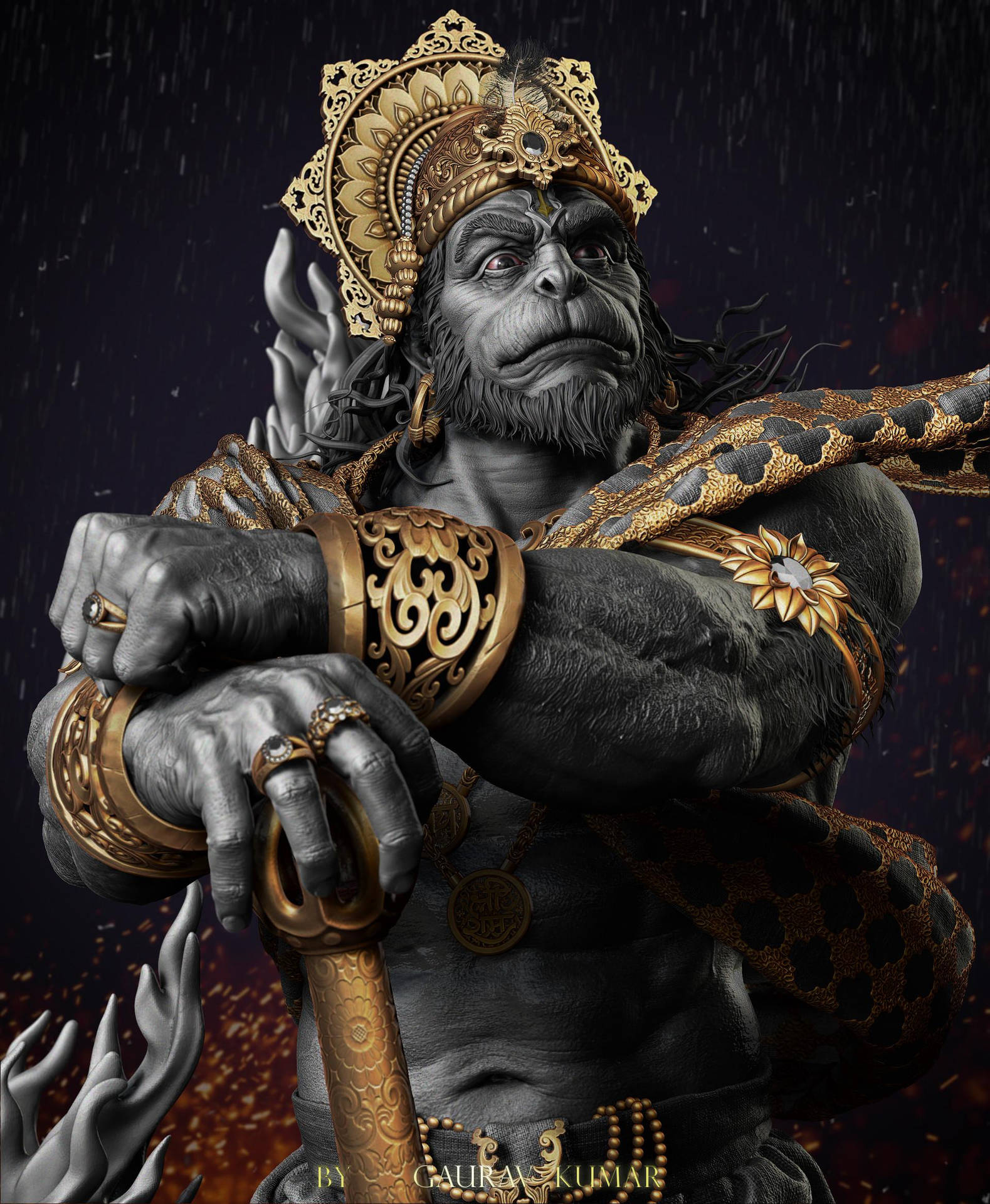Download Angry Hanuman With Ornate Accessories Wallpaper 