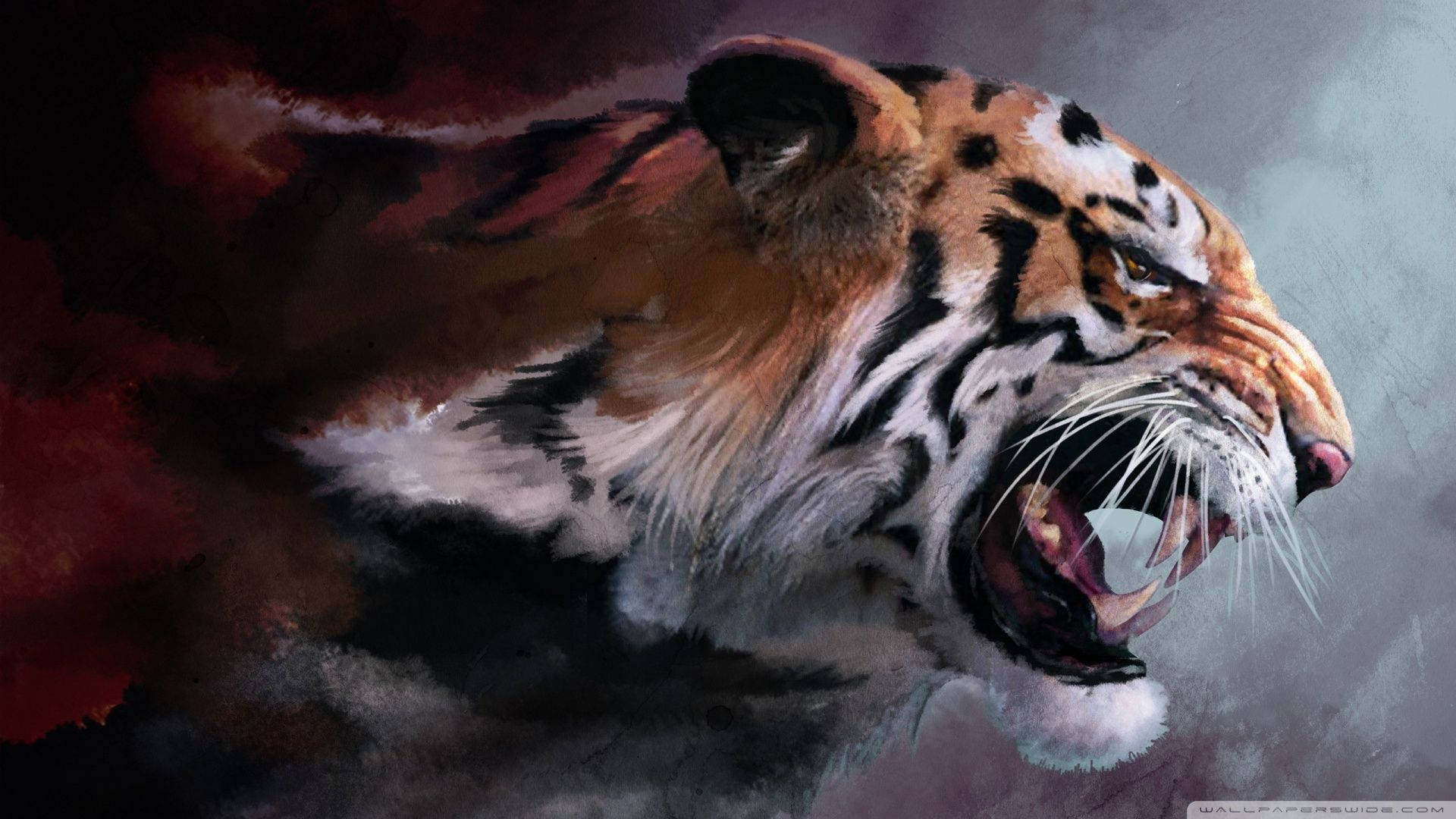 A powerful and regal portrait of a raging tiger. Wallpaper