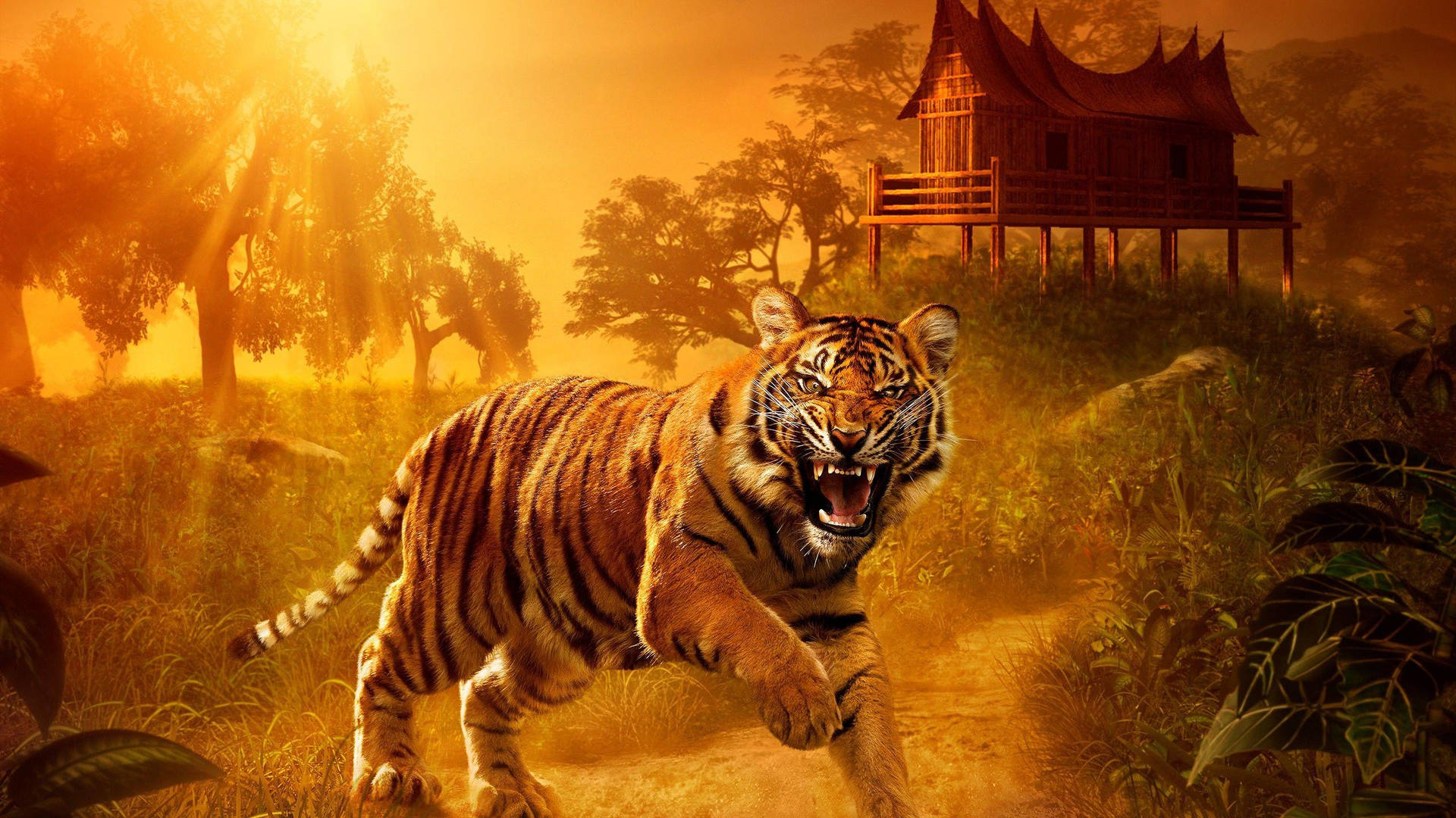 Angry Tiger Sunset Painting Wallpaper