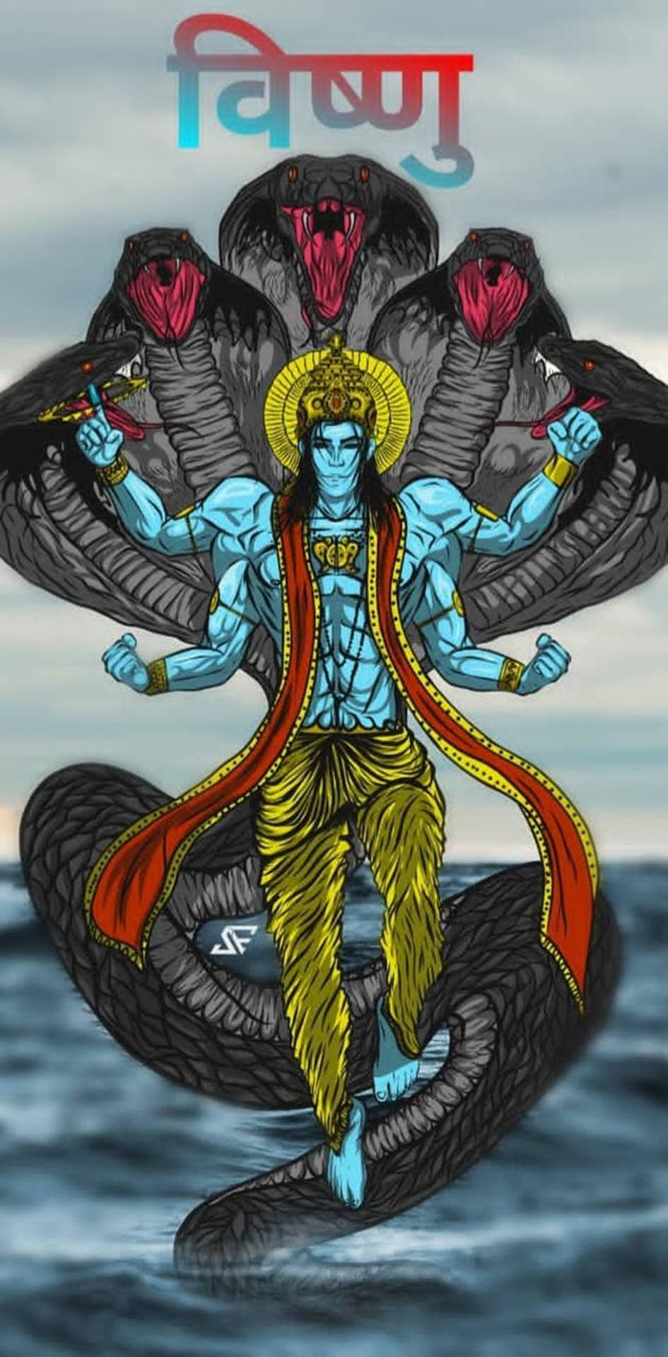 Angry Vishnu Against Five Snakes Background