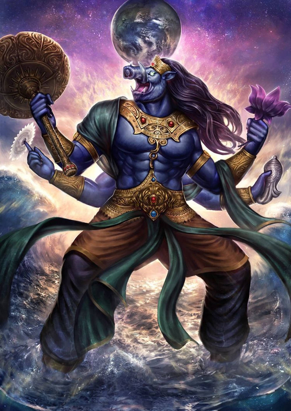 Angry Vishnu Boar On Water Background