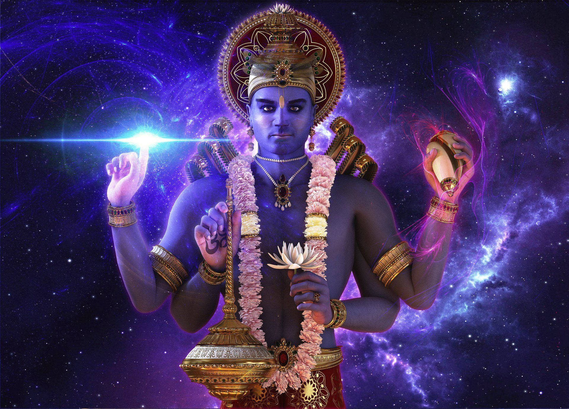 Angry Vishnu In Violet Galaxy Background