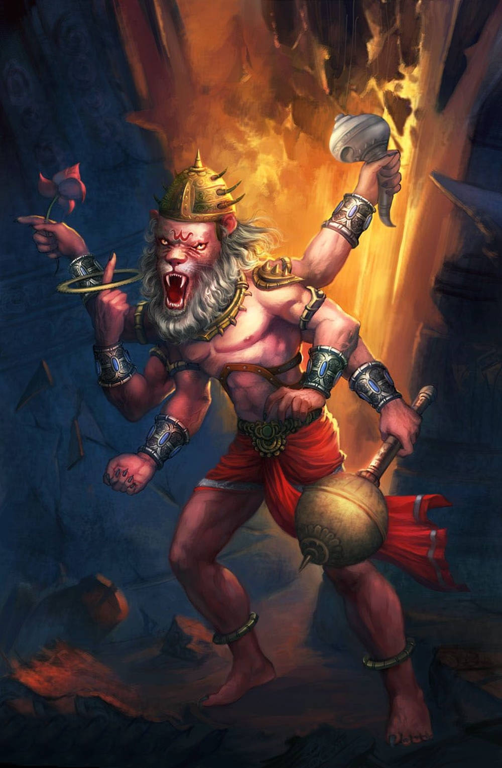 Angry Vishnu With Lion Head Background
