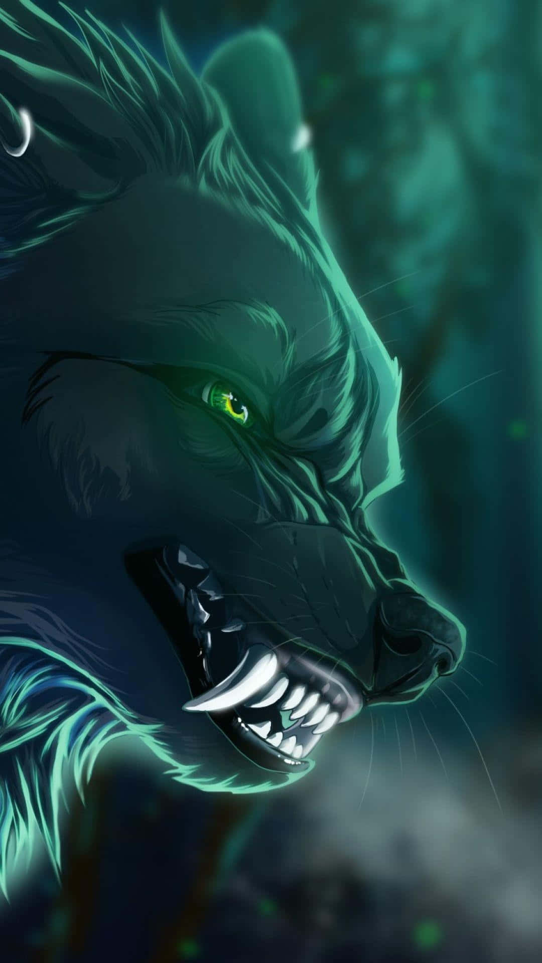 Ferocious Angry Wolf in Dark Woods Wallpaper