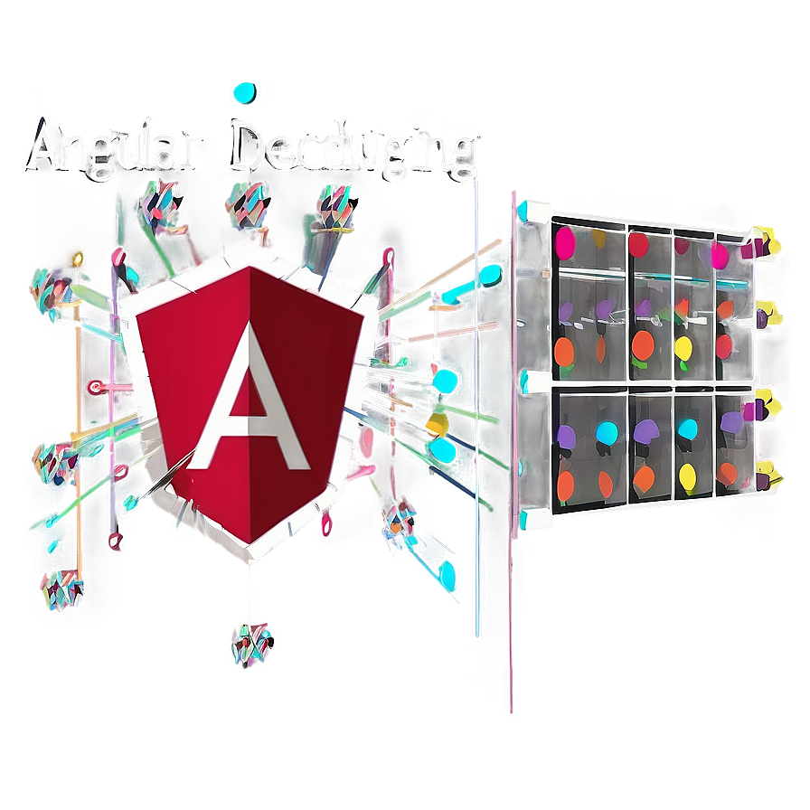 Angular Debugging Techniques PNG ebw PNG — A glowing red Angular logo bursts with colorful neon lines and abstract shapes against a soft gray background.