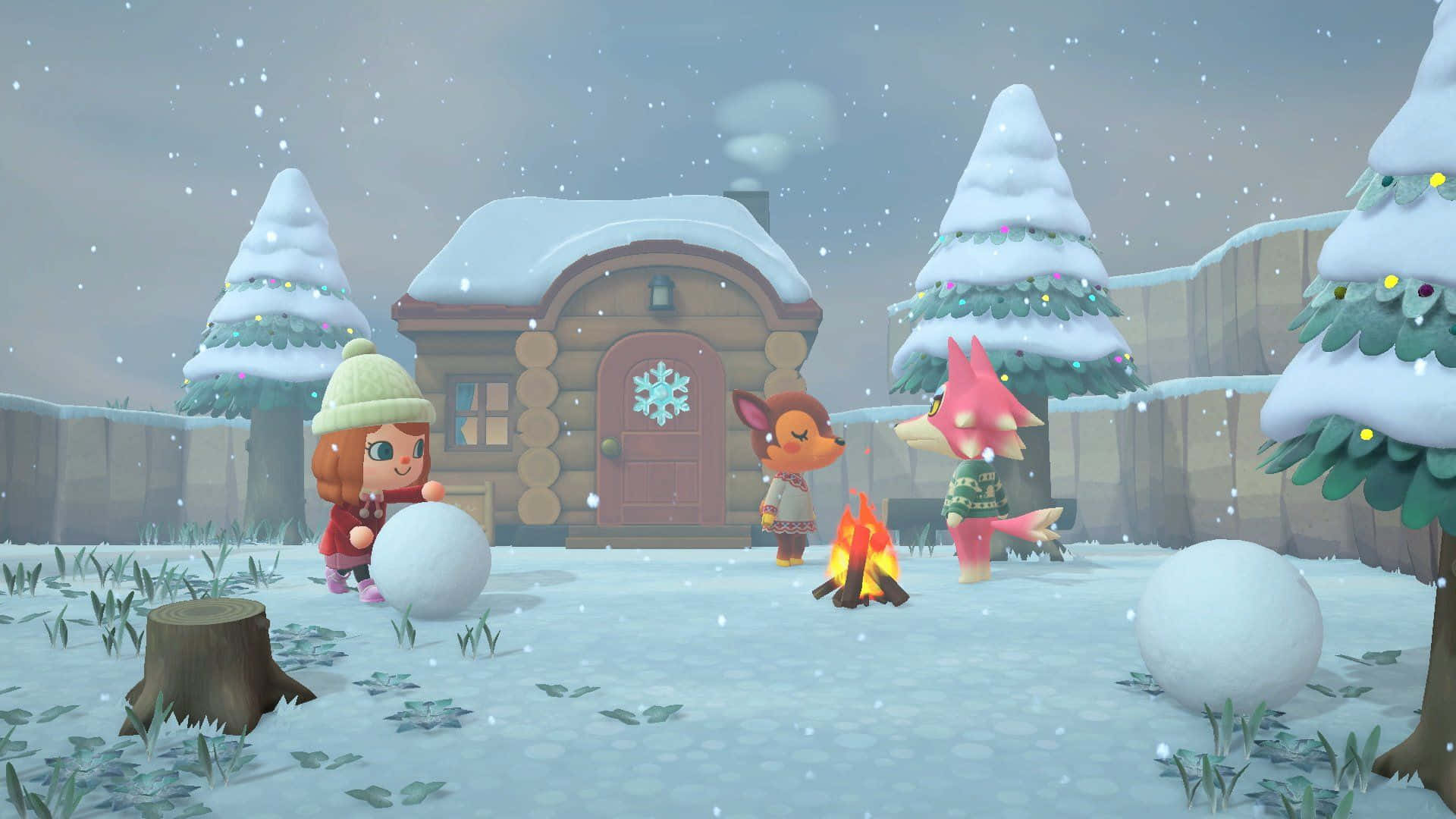 Animal Crossing Winter Snowballs Bonfire Wallpaper