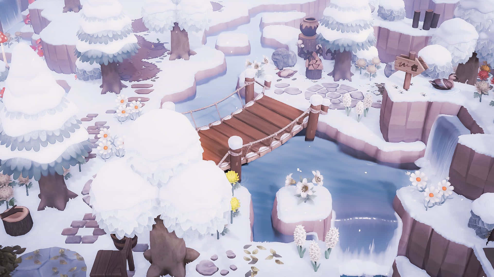 Utforskaden Snöklädda Staden I Animal Crossing: Vinter På Ditt Dator- Eller Mobilskrivbord. Wallpaper