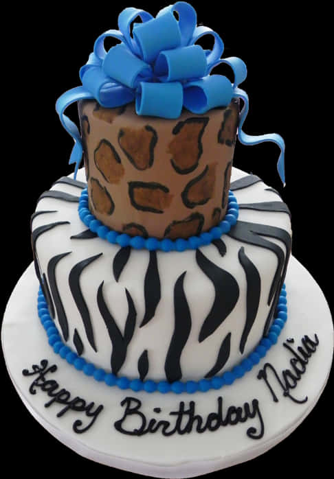 Animal Print Tiered Birthday Cakewith Blue Bow PNG