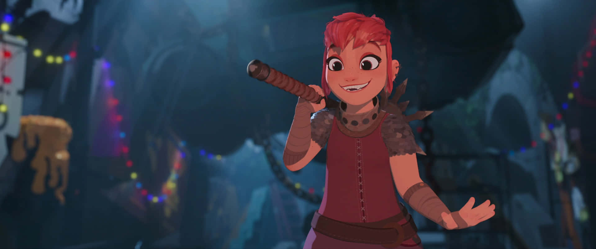 Animated Adventure Nimona Smiling With Sword Wallpaper