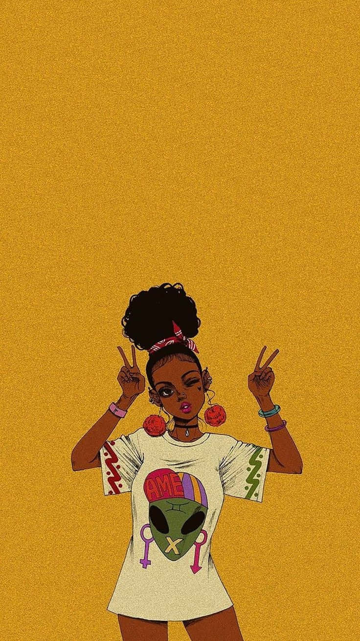 Animated Afro Girl Peace Sign Illustration Wallpaper