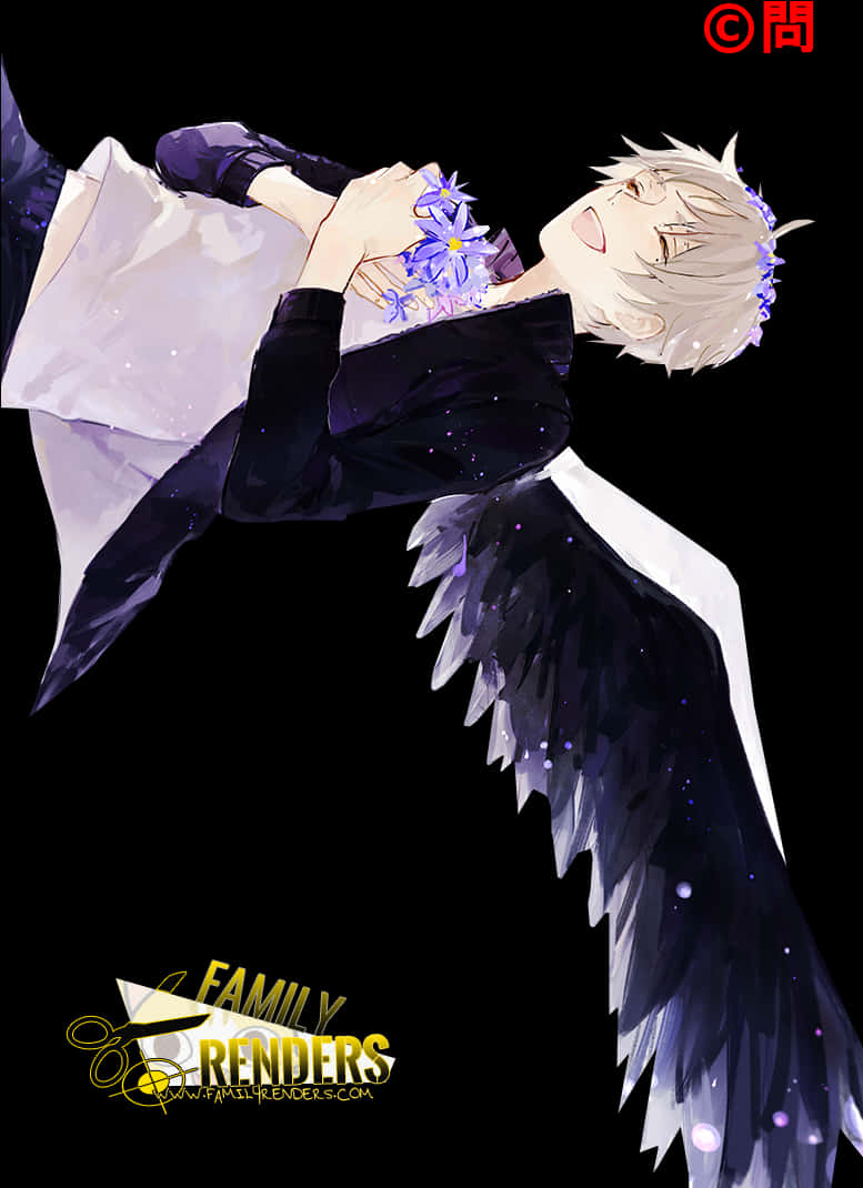 Animated Angel Boywith Blue Flowers PNG