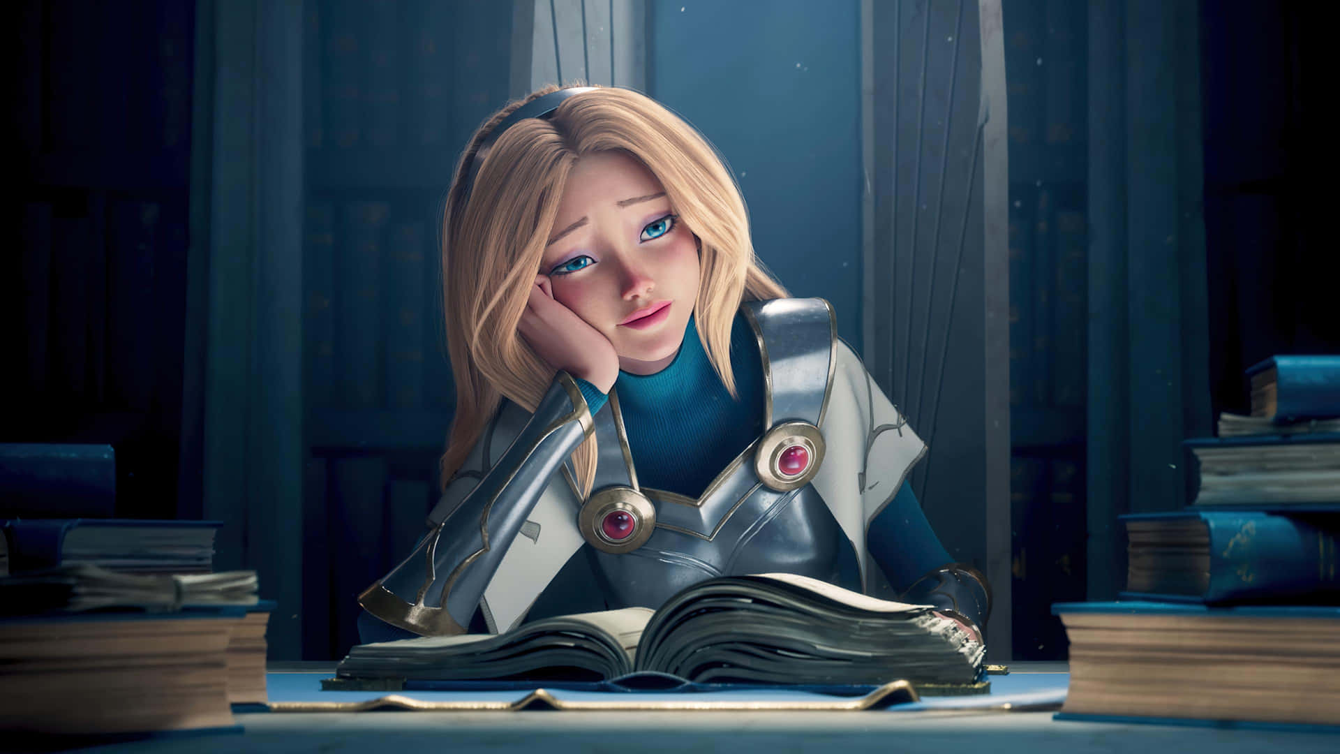 Animated Armored Heroine Studying Wallpaper