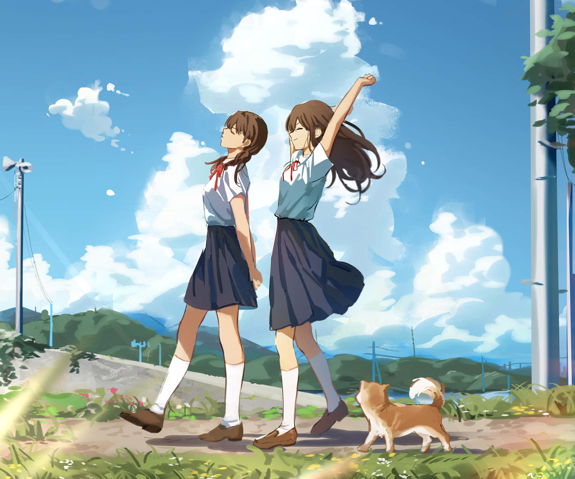 Animated Best Friends Walking With Dog Wallpaper