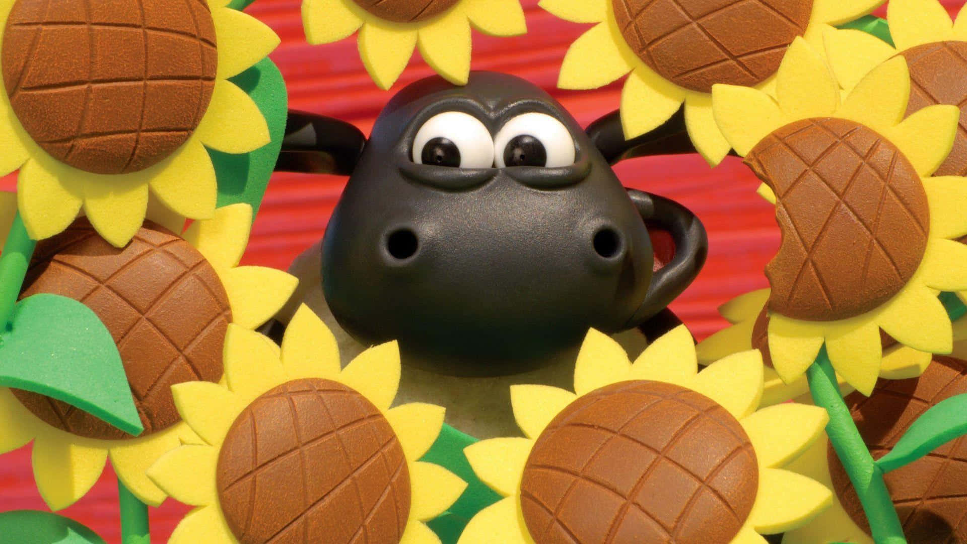 Animated Black Sheep Surrounded By Flowers Wallpaper