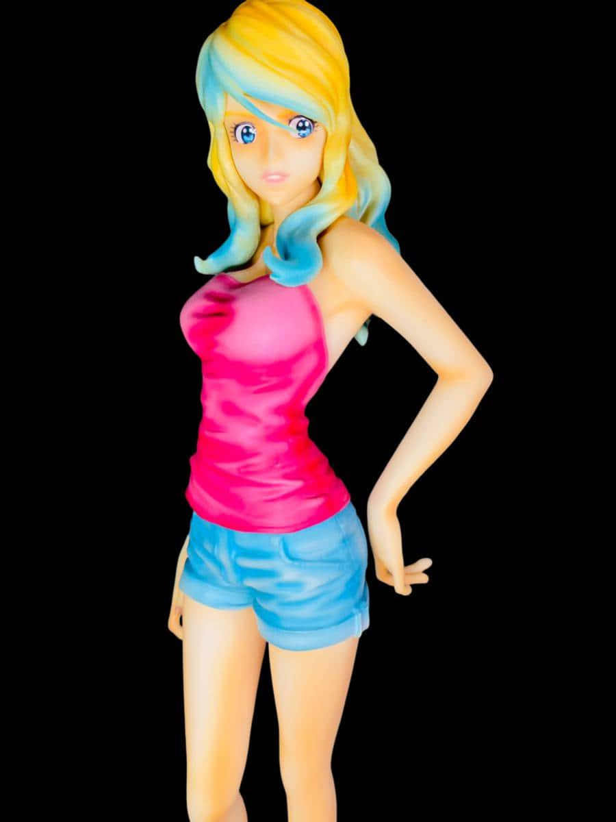 Geanimeerd Blond Personage Roze Top Blauwe Shorts Achtergrond