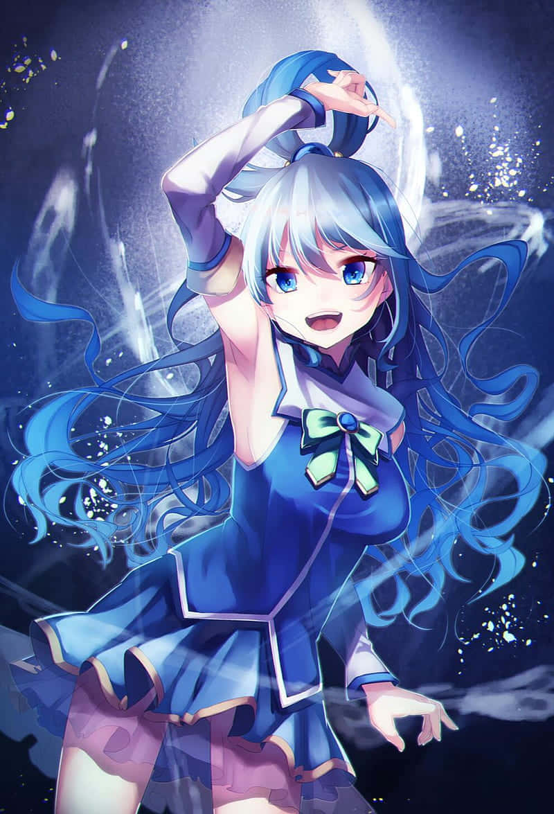Animated Blue Haired Girl Magical Aura Wallpaper