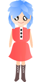 Animated Blue Haired Girlin Red Dress PNG