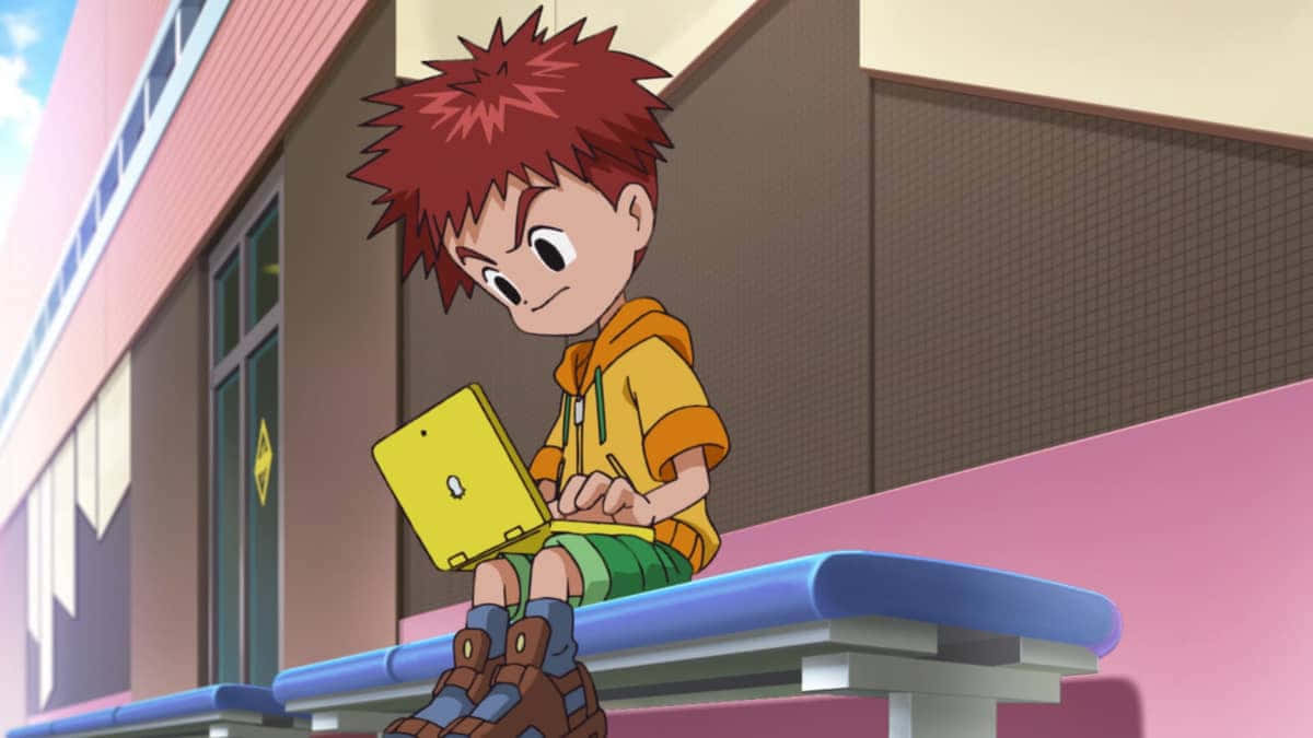 Anak Animasi Dengan Laptop Di Luar Ruangan Wallpaper