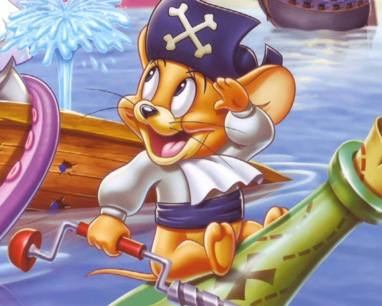 Einecartoon-maus In Einem Piratenkostüm Fährt Mit Einem Boot.