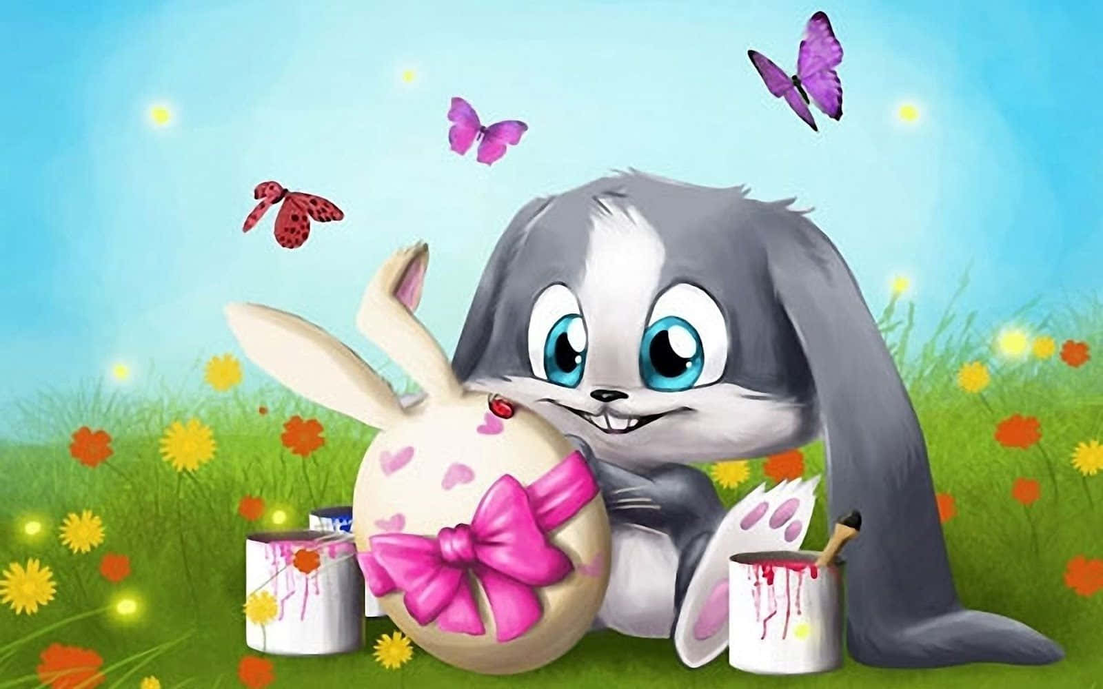 A Cartoon Bunny With A Pink Bunny Egg And Butterflies