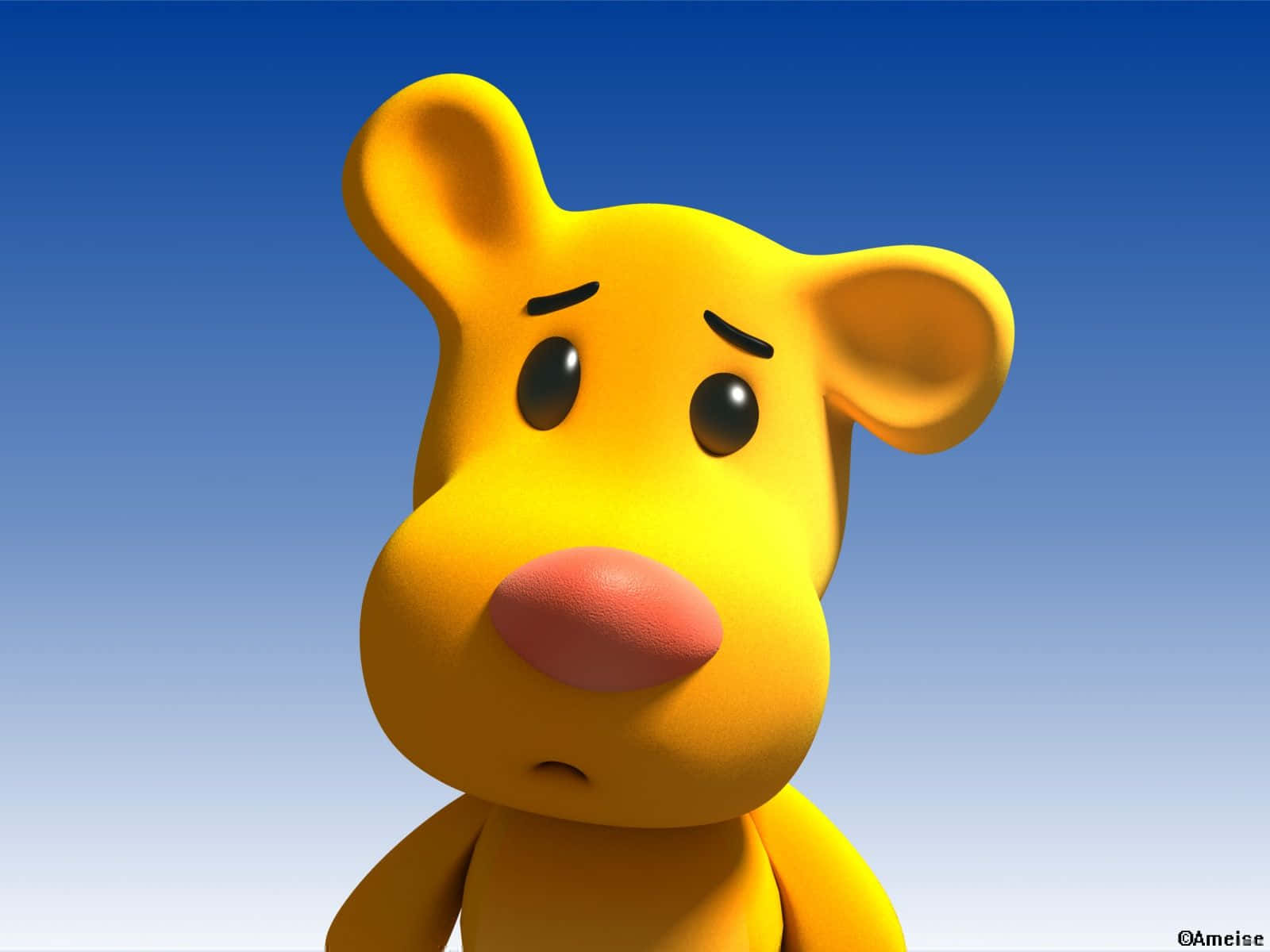 a yellow cartoon bear with a blue background