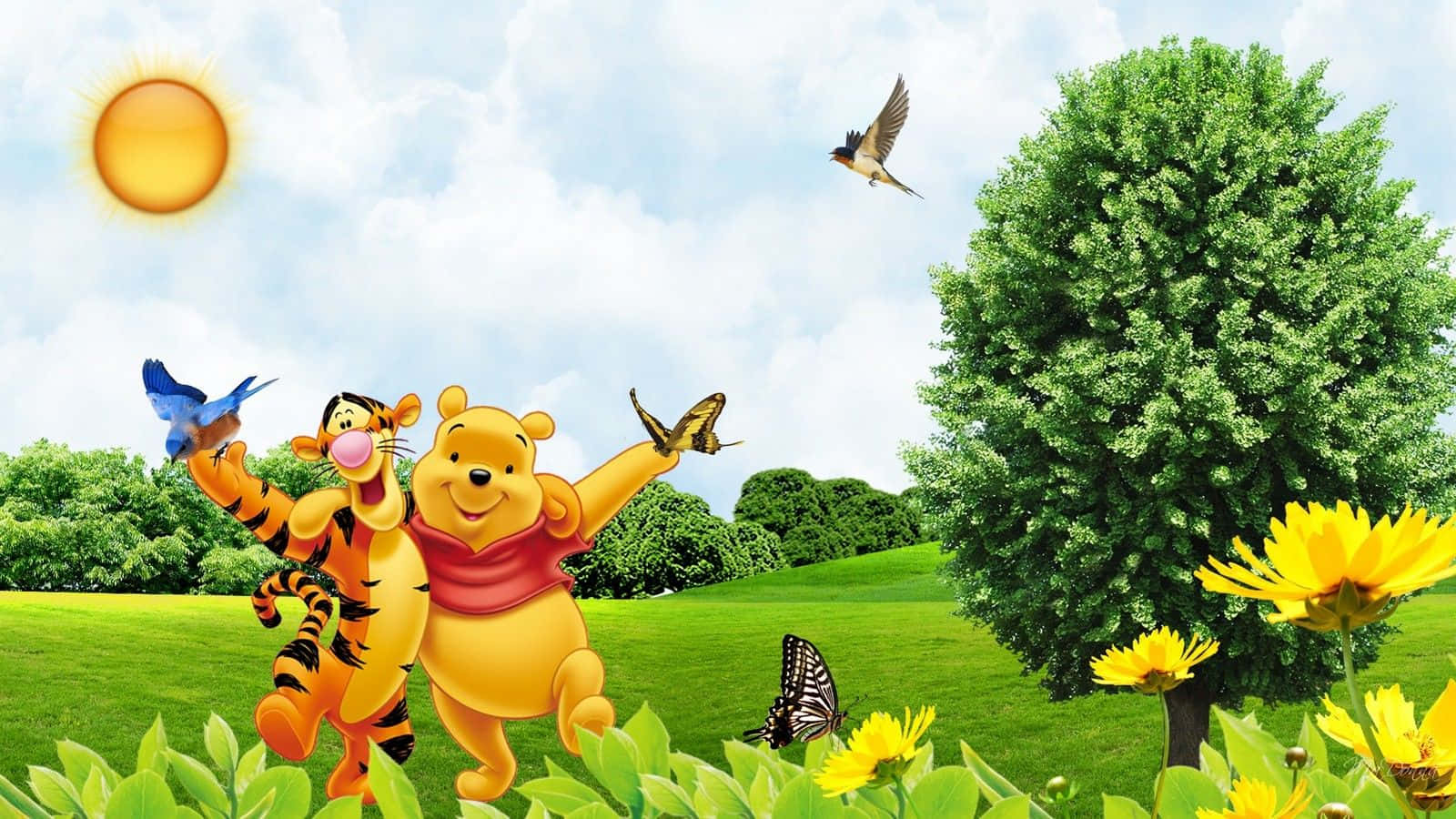 Winniethe Pooh Og Tiger I Græsset.