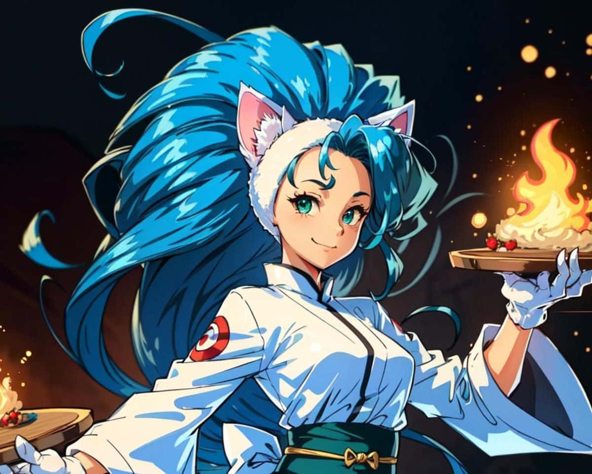 Catgirl Chef Animée Avec Cheveux Bleus Fond d'écran