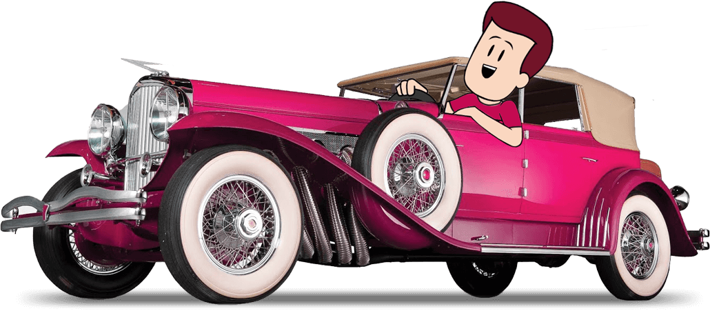 Animated Character Driving Vintage Car PNG