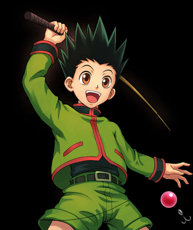 Download Animated Character Gon Fishing Rodand Ball | Wallpapers.com