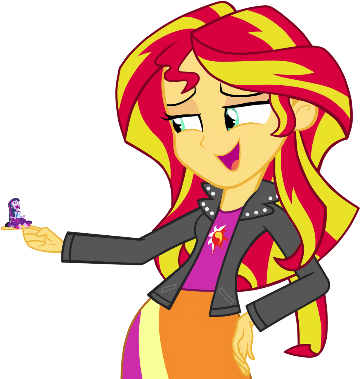 Animated Character Holding Tiny Figure_ Sunset Shimmer PNG