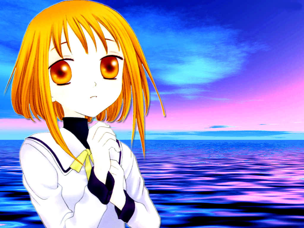 Geanimeerd Personage Kagura Zonsondergang Zeegezicht Achtergrond