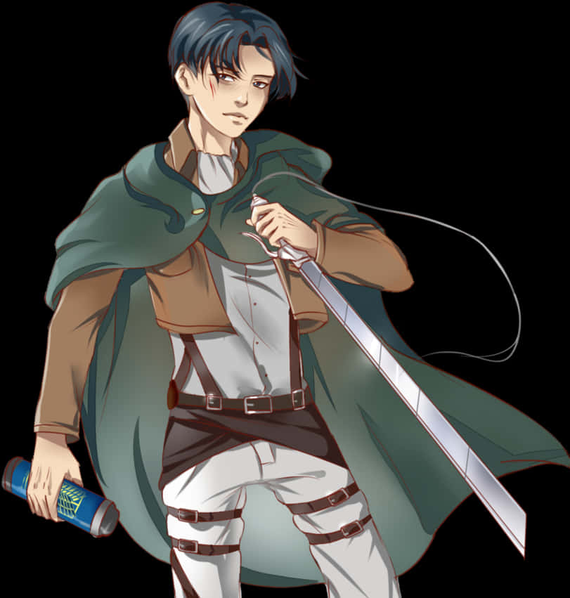 Animated Character Leviwith Swordand Cape PNG