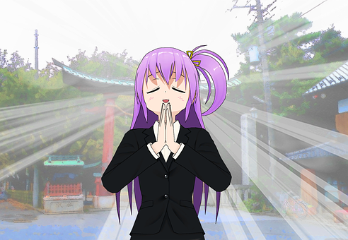 Animated Character Praying Purple Hair PNG