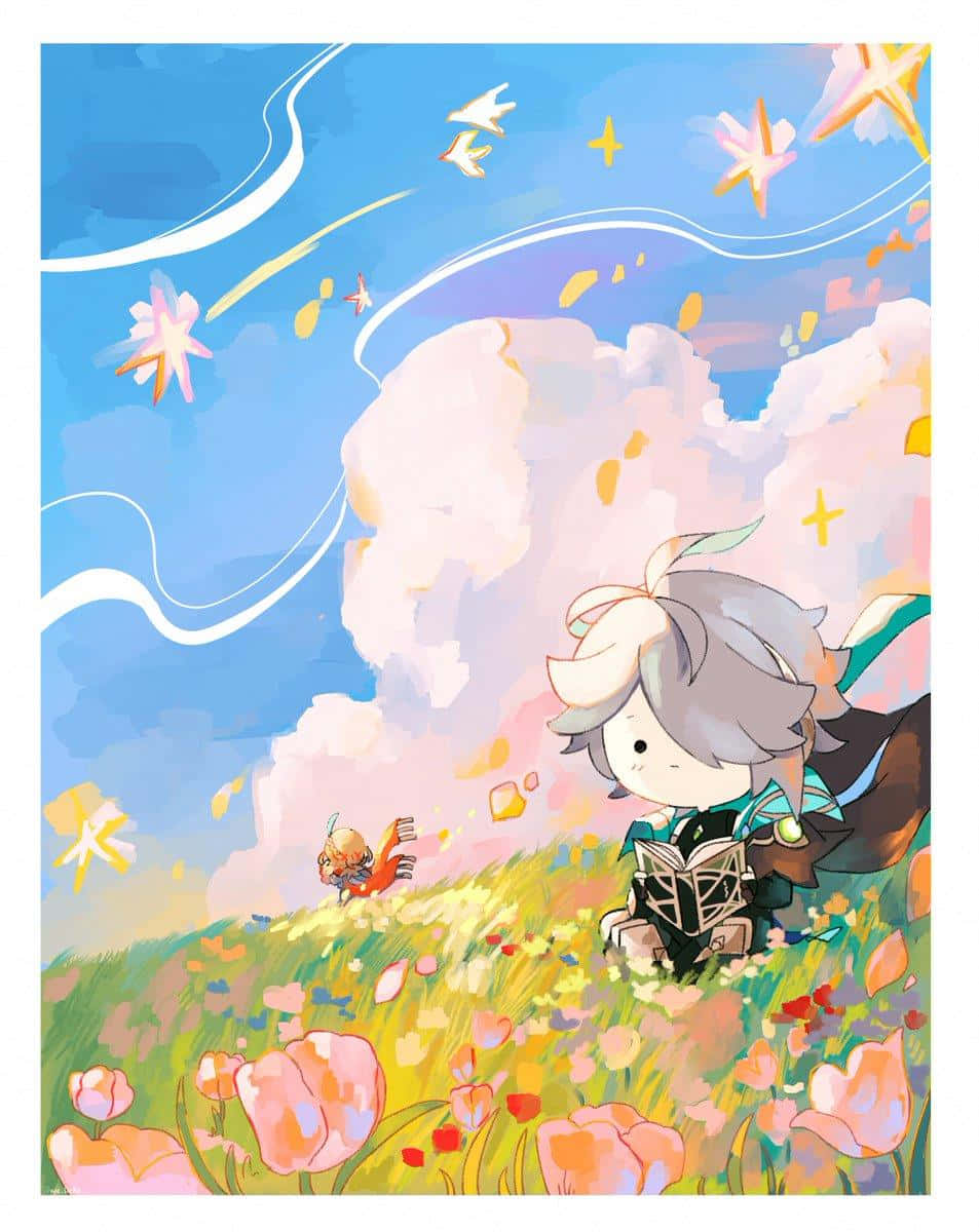 Animated Character Readingin Flower Field Wallpaper