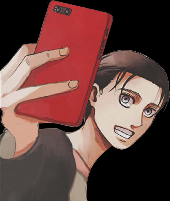 Animated Character Selfiewith Red Phone PNG