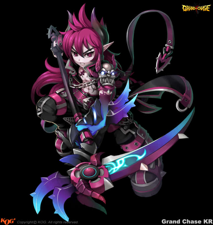 Animated Character With Pink Hairand Armor PNG