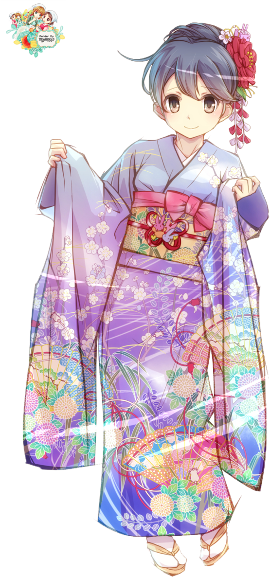 Animated Characterin Floral Kimono PNG