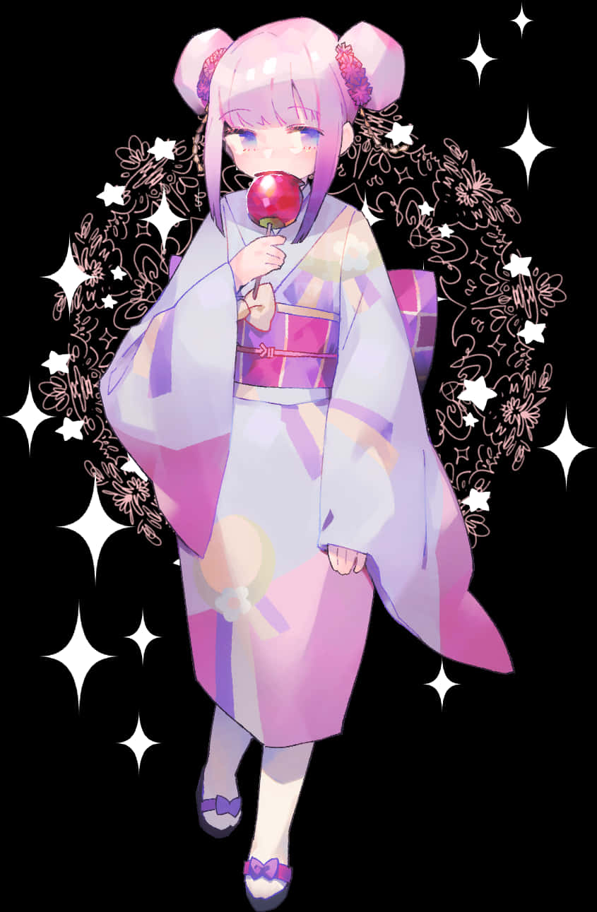 Animated Characterin Kimonowith Lollipop PNG