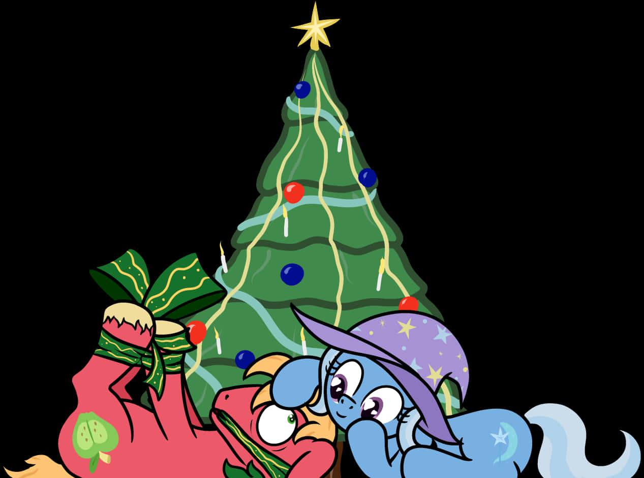 Animated Characters Decorating Christmas Tree PNG