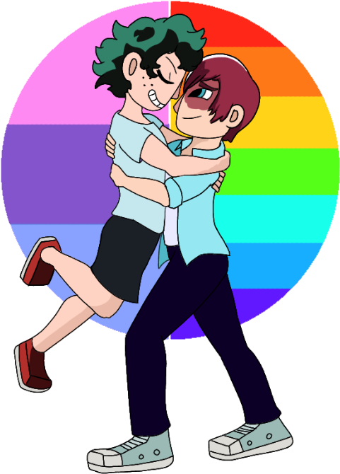 Animated Characters Embrace Rainbow Background PNG