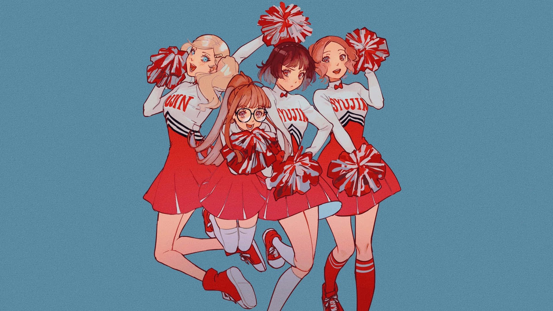 Geanimeerde Cheerleading Squad Pose Achtergrond