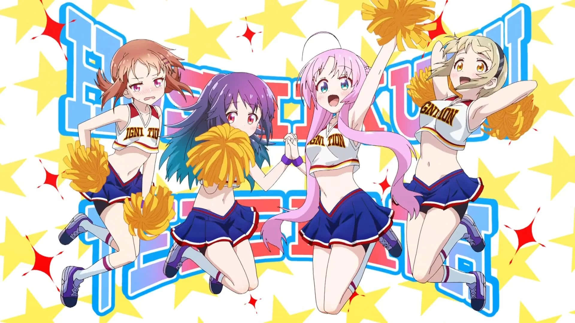 Animated Cheerleading Team Jumping Excitement Wallpaper