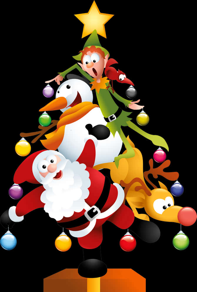 Animated Christmas Treewith Characters PNG