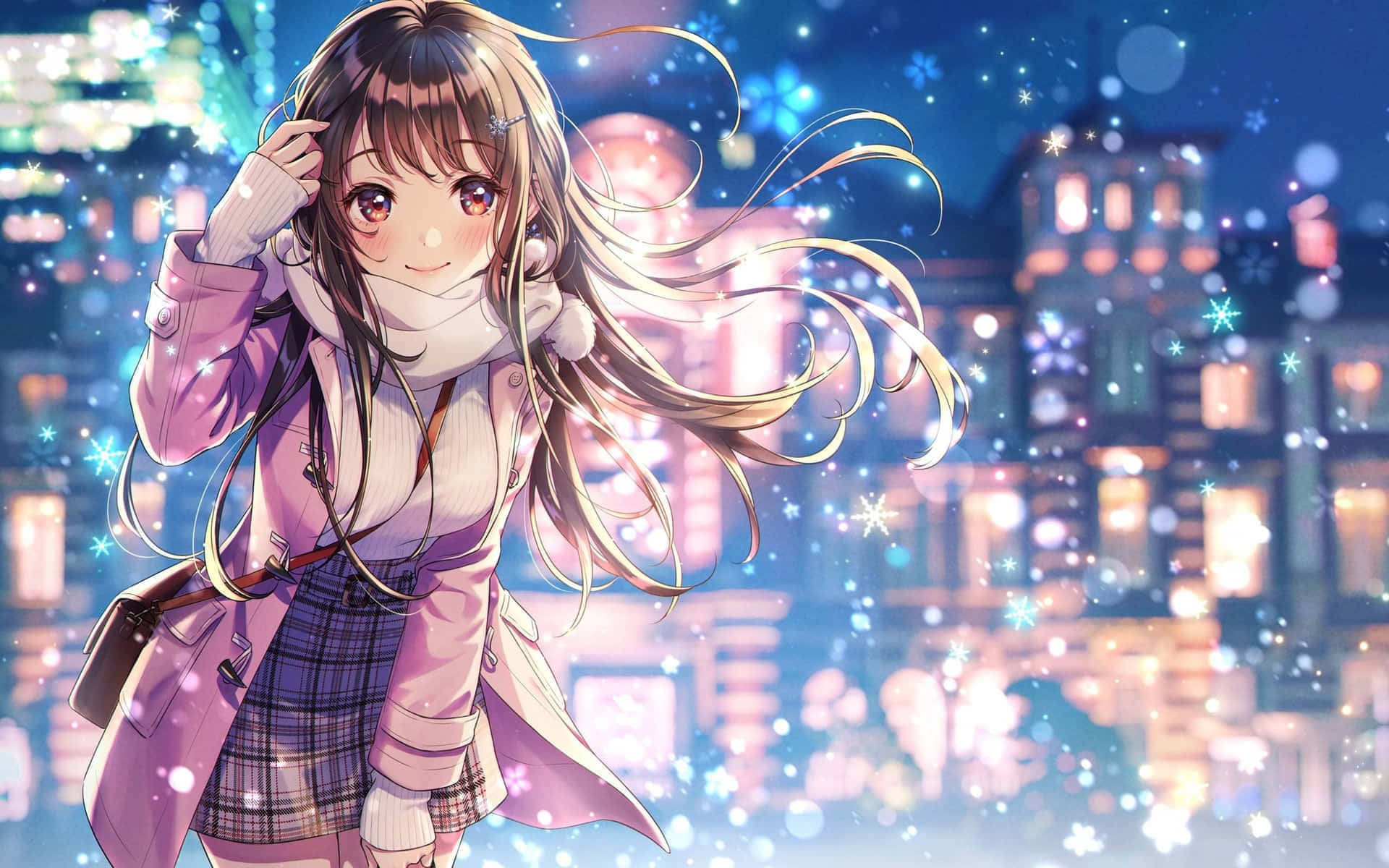 Animated City Night Girl Smiling Wallpaper